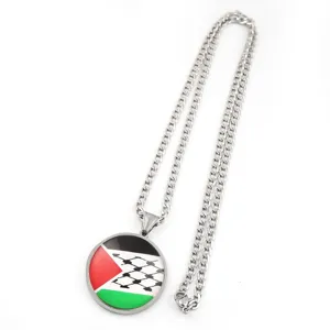 Collier pendentif cabochon en verre drapeau Palestine, chaîne métal argenté, bijoux paix.
