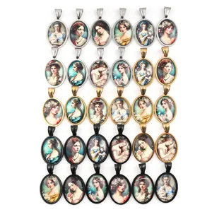 Collier pendentif cabochon en verre ovale portrait vintage pour femmes, accessoire de bijouterie rétro.