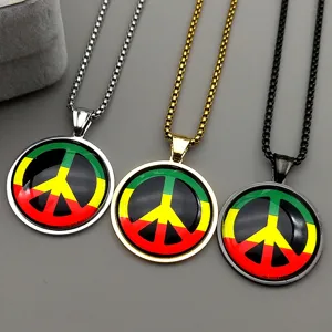 Vintage Peace Sign Pendant Necklace Stainless Steel Box Chain Time Gem Rasta Color Retro Jewelry For Men Women Unisex Gift