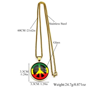Detailed close-up of the retro peace sign glass pendant and stainless steel chain necklace.