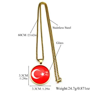 Collana in acciaio inossidabile con ciondolo bandiera turca, catena 60cm e cupola in vetro.