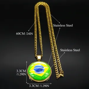 Collana in acciaio inossidabile dorato con ciondolo pallone calcio bandiera Brasile catena 60cm