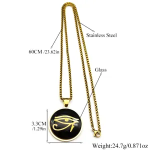 Egyptian Eye of Horus stainless steel pendant necklace with detailed size and material specs.