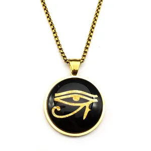 Detailed close-up of the titanium steel Horus eye pendant necklace, vintage Egyptian style.