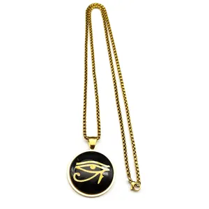 Golden Eye of Horus pendant necklace detail, vintage Egyptian metal chain jewelry view