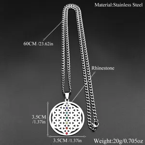 Collier pendentif fleur de vie en acier inoxydable strass vue détail dimensions et matériau.