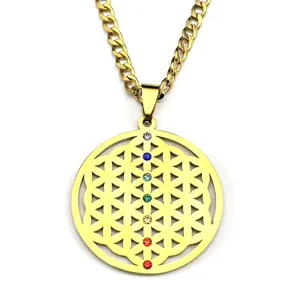Collier pendentif fleur de vie en acier inoxydable avec détails de cristaux colorés