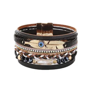 Multi Layer Braided Leather Evil Eye Feather Pearl Bracelet Fashion Rhinestone Crystal Beaded Charm Jewelry For Women