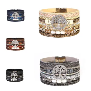 Bohemian Multi Layer Braided Leather Bracelet Tree Of Life Rhinestone Artificial Pearl Charm Magnetic Clasp For Women