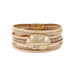 Multi-Layer Braided Leather Rhinestone Magnetic Clasp Bracelet Women Geometric Matte Metal Charm Fashion Jewelry Gift