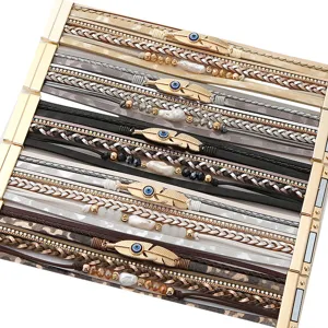 Multi-layer leather wrap bracelet set for women with evil eye feather charm and pearl details.