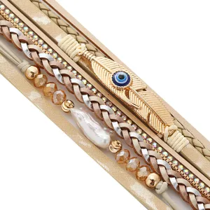 Multi-layer braided leather wrap bracelet with evil eye feather charm and pearl details for women.