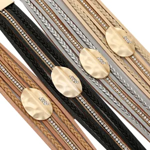 Multi-layer braided leather bracelet with magnetic clasp and rhinestones main view