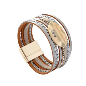 Multi-layer leather bracelet with magnetic clasp, rhinestone geometric design for daily wear.