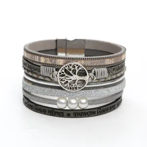 Multi-layer Leather Bracelet For Women Tree Of Life Charm Artificial Pearl Alloy Magnetic Clasp Fashion Jewelry