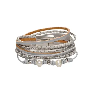Multi-Layer Acrylic Artificial Pearl Braided Leather Bracelet With Magnetic Clasp Fashion Wristband Jewelry Gift For Women