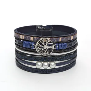 Fashion multi-layer leather wrap bracelet with tree of life charm and chic magnetic clasp
