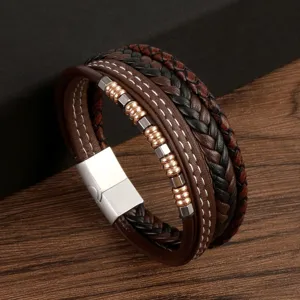Mens multi layer leather bracelet braided rope metal beads stainless steel clasp jewelry