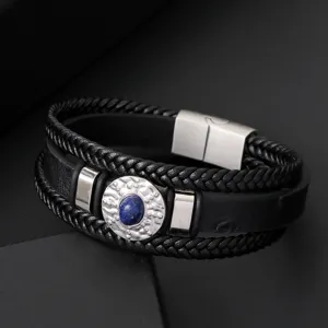 Bracelet homme cuir tressé multicouche style punk pierre bleue fermoir acier inoxydable