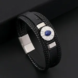Bracelet en cuir tressé multicouche style punk pour hommes avec belle pierre bleue.