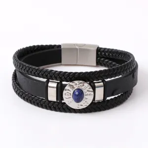 Bracelet en cuir noir tressé multicouche pour homme style punk fermoir magnétique métal