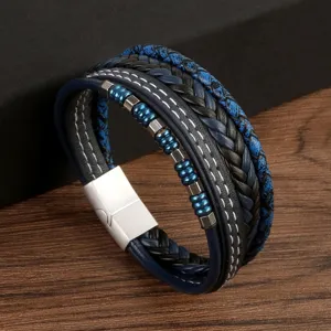 Multi-layer braided leather bracelet for men with blue black strands and stainless steel clasp