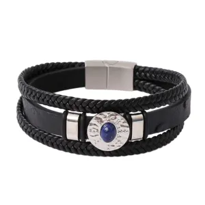 Bracelet homme en cuir tressé multicouche avec pendentif en pierre métal et fermoir