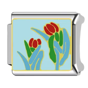 Detailed close-up view of a stainless steel modular charm link featuring a colorful painted tulip.