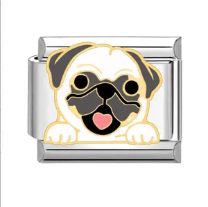 Maillon de bracelet modulaire DIY en acier inoxydable avec motif de chien carlin.