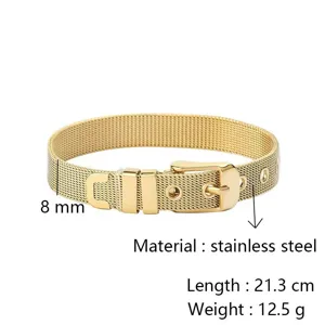 Stainless steel mesh bracelet detail showing 8mm width, adjustable belt buckle and fine texture.