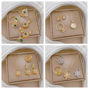 Titanstahl Drehbar Blume Anhänger Halskette Für Damen Mode Strass Blütenblatt Schmuckset Elegante Halsketten Für Alltag Party
