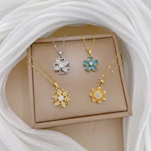 Drehbarer Sonnenblumen Anhänger Halskette Titanstahl 18K Vergoldet Strass Eingelegt Modische Schlüsselbeinkette Damen Schmuck