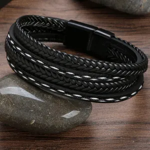 Stylish multi-layer braided black leather bracelet with metal magnetic clasp for men fashion.
