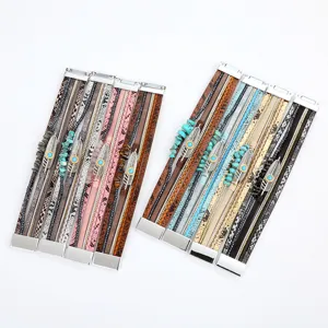 BoHo Multi-layer Woven Leather Bracelet Turquoise Feather Magnetic Clasp Bangle Jewelry