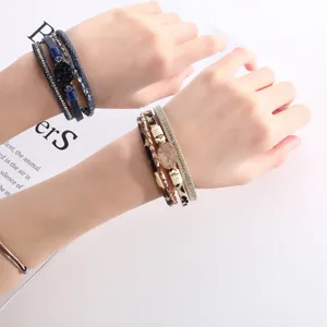 Bohemian multi-layer leather rhinestone wrap bracelet with magnetic clasp for women fashion