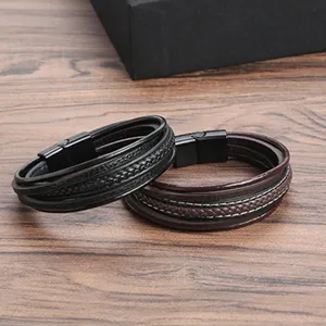 Heren Meerdere Lagen Gevlochten Lederen Koord Armband Roestvrij Staal Legering Magnetische Sluiting Sieraden