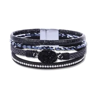 Multi-layer black leather rhinestone bracelet with magnetic clasp for women jewelry detail