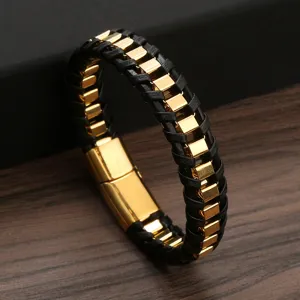 Men's stainless steel braided leather bracelet retro punk chain bangle fashion jewelry