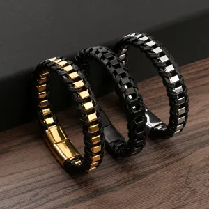 Men Punk Retro Stainless Steel Braided Leather Bracelet Magnetic Clasp Chain Bangle Versatile Fashion Jewelry Gift