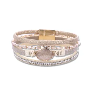 Bohemian multi-layer leather rhinestone wrap bracelet with magnetic clasp for women