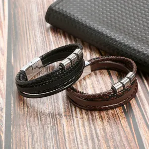 Bracelet en Similicuir Tressé Multicouche Vintage pour Homme Style Punk Fermoir Magnétique Bijou de Mode Cadeau