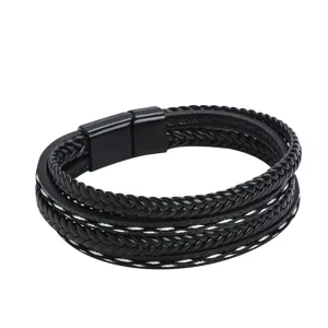 Multi-layer black braided leather bracelet with sleek metal magnetic clasp for daily wear.