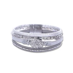Multi-layer leather wrap bracelet for women with sparkling rhinestones, crystal beads and magnetic clasp.