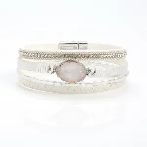 Multi-layer white PU leather wrap bracelet with rhinestones, crystals and pink stone magnetic clasp.