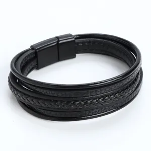 Heren meerlaags gevlochten lederen armband met roestvrijstalen magnetische sluiting