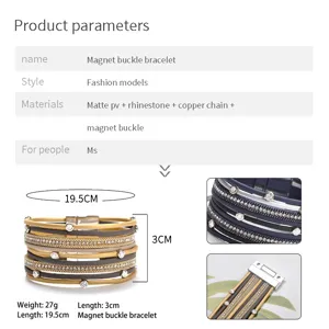 Bracelet multi-couches en cuir avec strass et boucle magnetique accessoire elegant