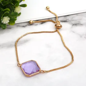 Elegant women gold color square purple crystal adjustable box chain bracelet fashion jewelry