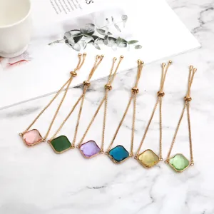 Adjustable crystal square bracelets set, golden chain detail view for women daily wear.