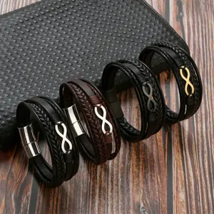 Men Multi Layer Braided Leather Bracelet Stainless Steel Infinity Symbol Charm Magnetic Clasp Stacked Wristband Jewelry