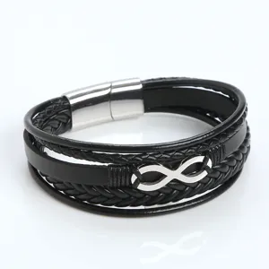 Men's multi-layer braided black leather bracelet with stainless steel infinity charm and clasp.
